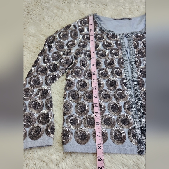 BODEN Limited Edition Beaded Cotton Cardigan Silk lined Gray Blue Silver Size 4 - Picture 7 of 11